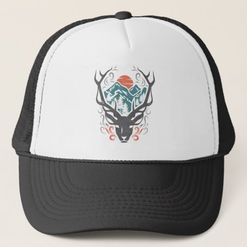 Deer vintage with mountain sunset view illustratio trucker hat