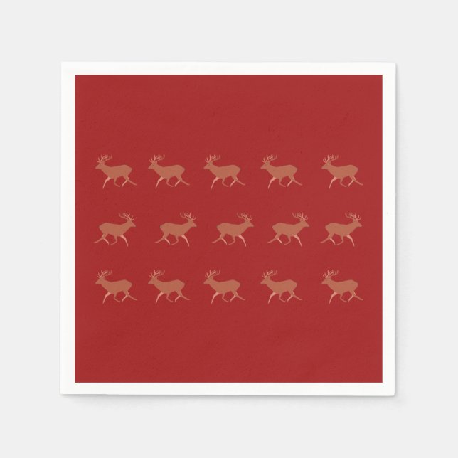 Deer Walking Festive Pattern Red Brown Background Napkins (Front)