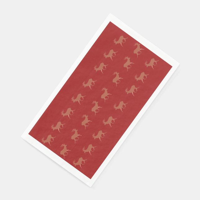 Deer Walking Festive Pattern Red Brown Background Paper Guest Towels (Corner)