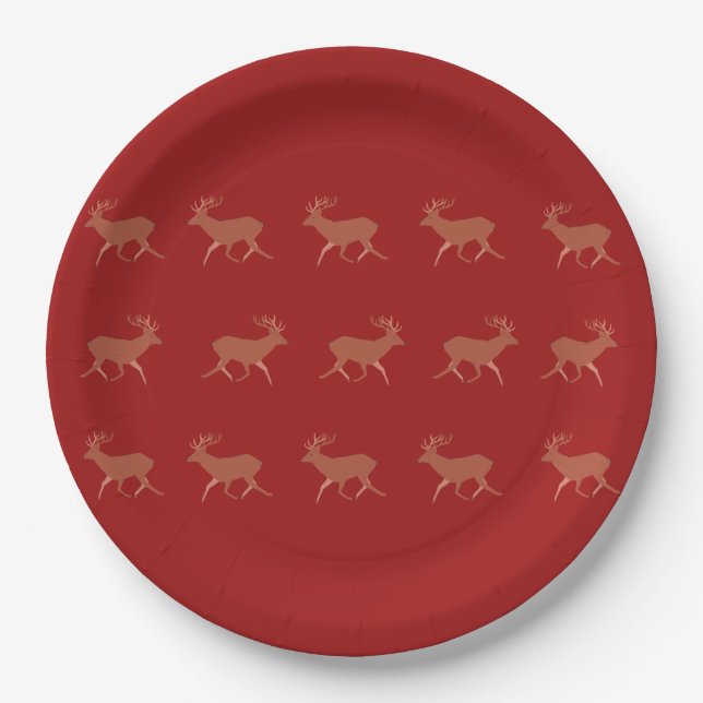Deer Walking Festive Pattern Red Brown Background Paper Plates (Front)
