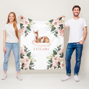 Deer Watercolor Pink Floral Custom Fleece Blanket