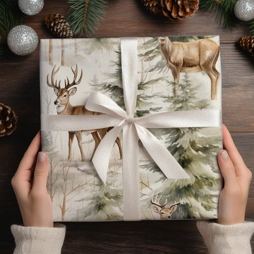 Deer Watercolor  Sage Green Winter Forest Wrapping Paper