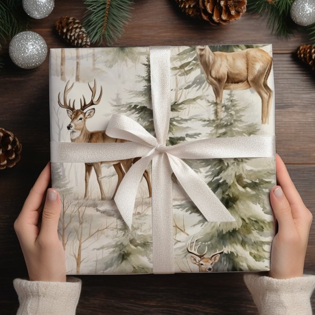 Deer Watercolor  Sage Green Winter Forest Wrapping Paper (Creator Uploaded)