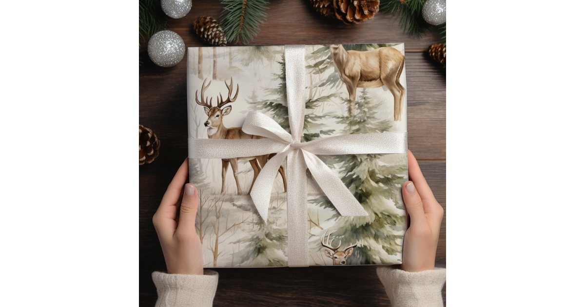 Deer Watercolor Sage Green Winter Forest Wrapping Paper Sheets | Zazzle