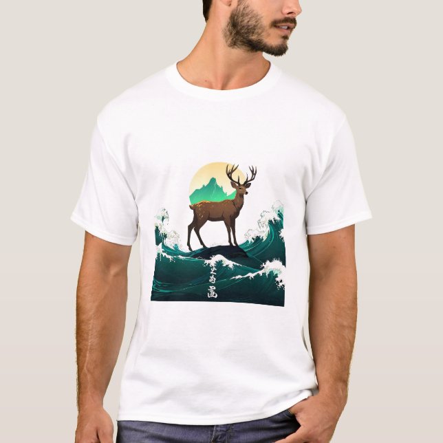 Deer Wave Art - Ukiyo-e Moonlight Design T-Shirt (Front)