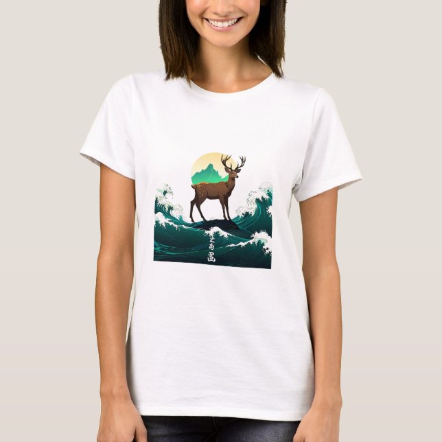 Deer Wave Art - Ukiyo-e Moonlight Design T-Shirt (Front)