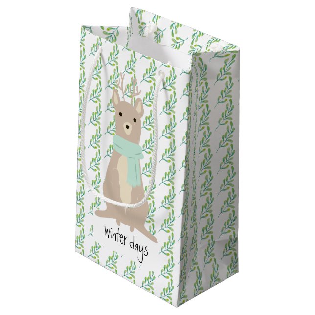 Deer Wearing A Green Scarf Small Gift Bag (Back Angled)