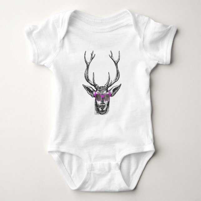 Deer wearing Pink Sunglasses Baby Bodysuit (Front)