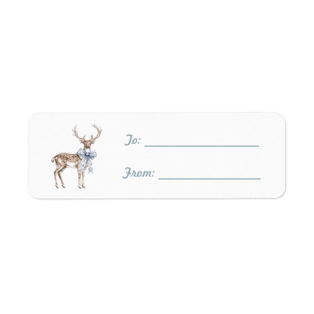 Deer White Blue Bow Christmas Label (Front)