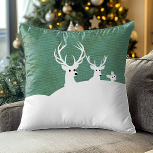 Deer White Sage Green Reindeer family Throw Pillow