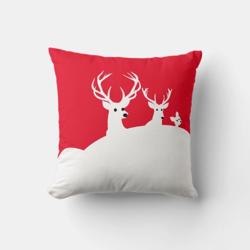Deer White Snow Red Reindeer family Throw Pillow