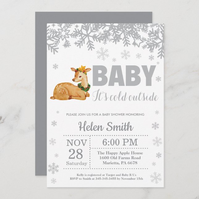 Deer Winter Baby Shower Snowflake Invitation (Front/Back)