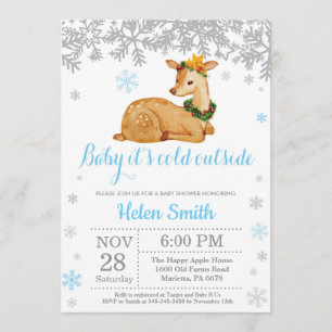 Deer Winter Blue Boy Baby Shower Snowflake Invitation