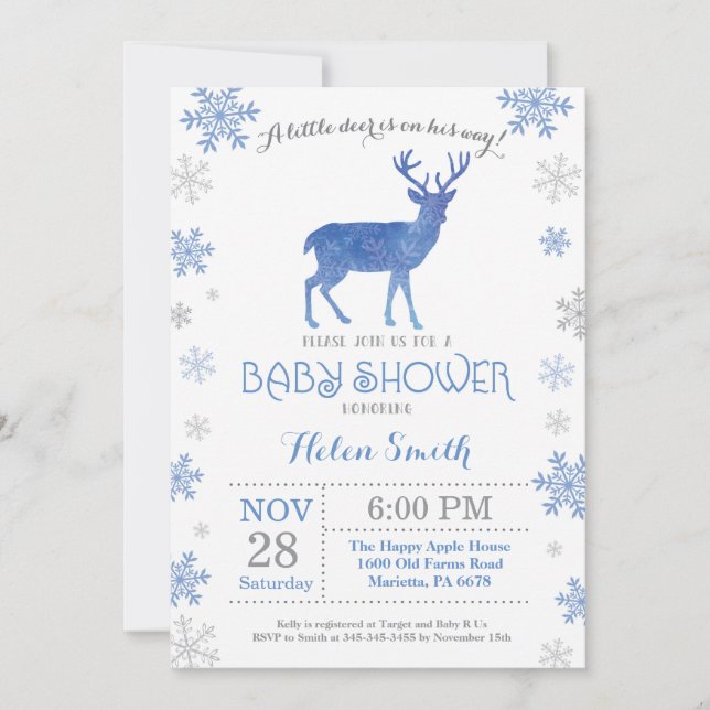 Deer Winter Blue Boy Baby Shower Snowflake Invitation (Front)