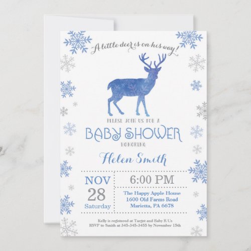 Deer Winter Blue Boy Baby Shower Snowflake Invitation