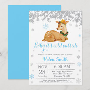 Deer Winter Blue Boy Baby Shower Snowflake Invitation