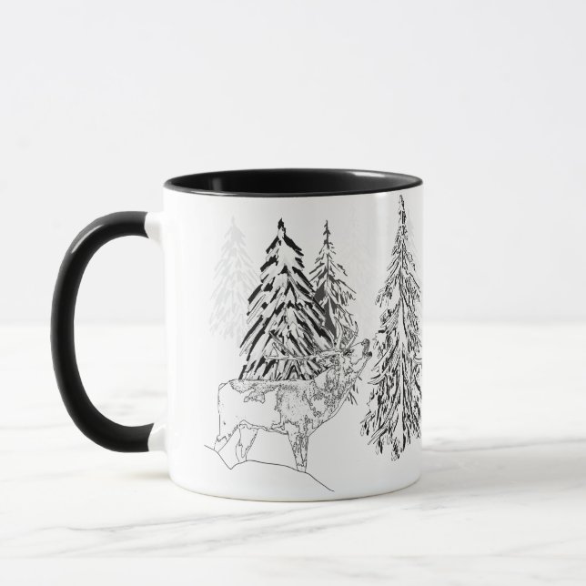 Deer , winter, forest, Christmas trees, monochrome Mug (Left)