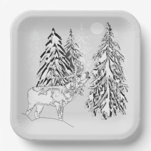 Deer , winter, forest, Christmas trees, monochrome Paper Plates