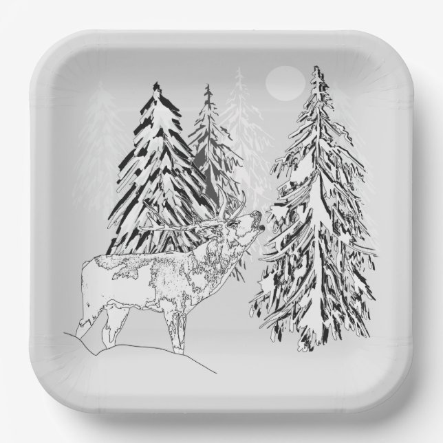 Deer , winter, forest, Christmas trees, monochrome Paper Plates (Front)