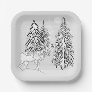 Deer , winter, forest, Christmas trees, monochrome Paper Plates