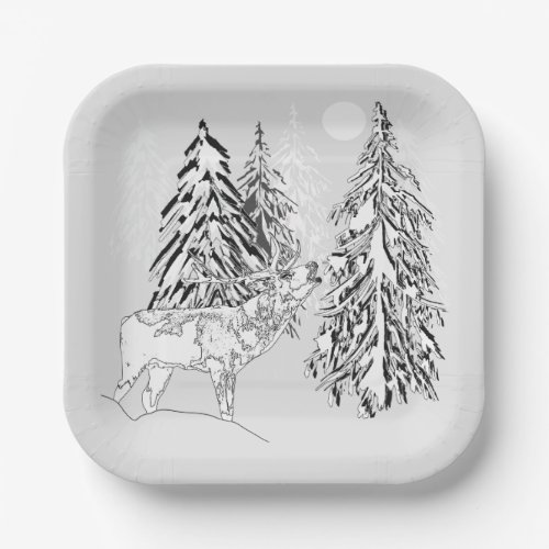 Deer  winter forest Christmas trees monochrome Paper Plates