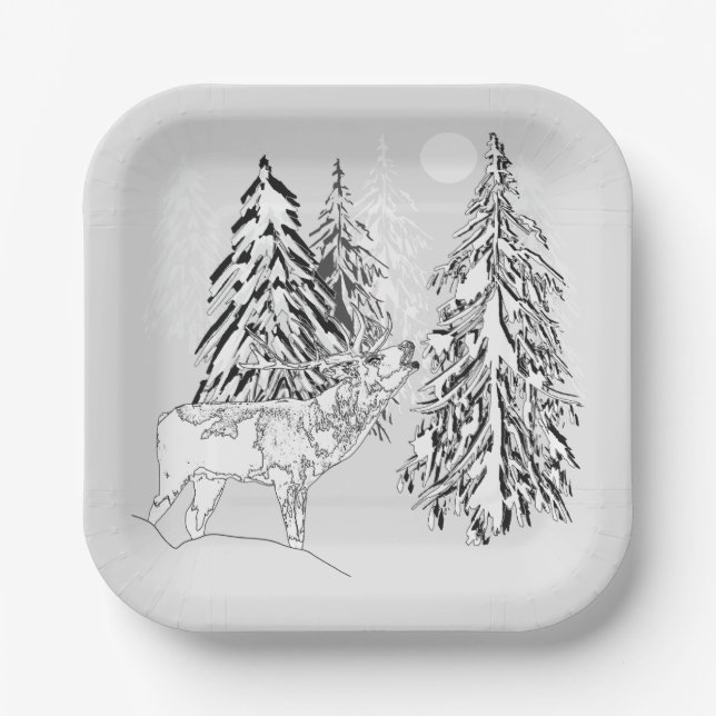 Deer , winter, forest, Christmas trees, monochrome Paper Plates (Front)