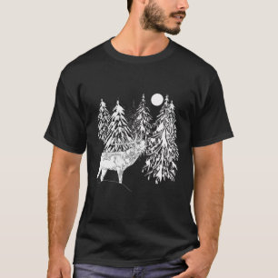 Deer , winter, forest, Christmas trees, monochrome T-Shirt