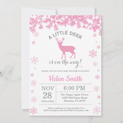 Deer Winter Girl Baby Shower Snowflake Invitation