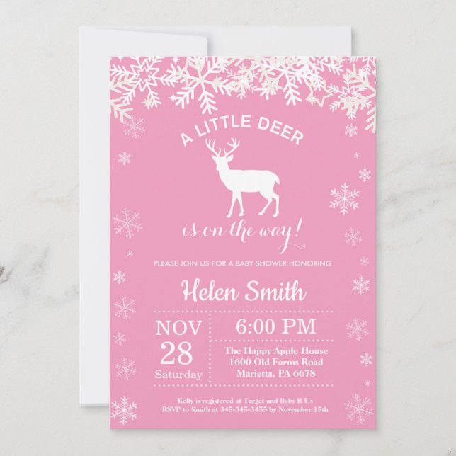 Deer Winter Girl Baby Shower Snowflake Invitation (Front)