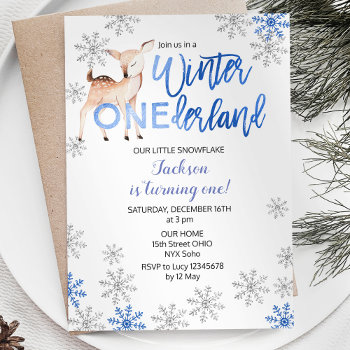 Deer Winter Onederland Snow Birthday Invite by HappyPartyStudio at Zazzle