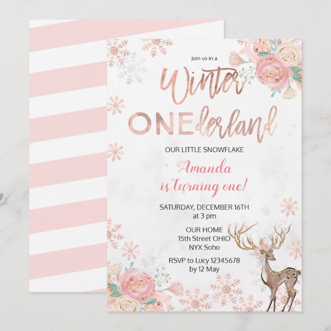 Deer Winter ONEderland Snow Birthday Invite (Front/Back)