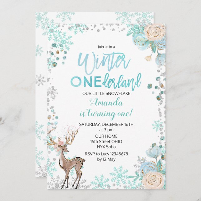 Deer Winter ONEderland Snow Birthday Invite Mint (Front/Back)