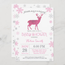 Deer Winter Pink Girl Baby Shower Snowflake Invitation