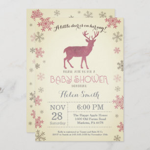 Deer Winter Pink Girl Baby Shower Snowflake Invitation