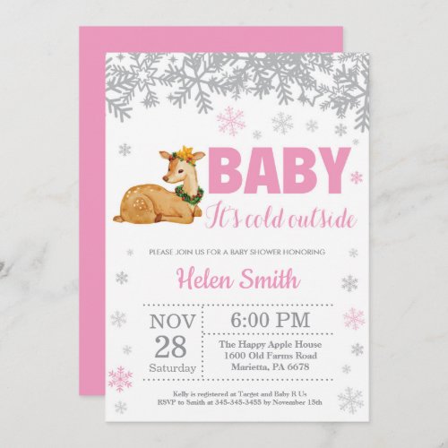 Deer Winter Pink Girl Baby Shower Snowflake Invitation