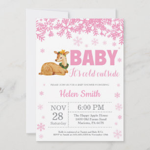 Deer Winter Pink Girl Baby Shower Snowflake Invitation