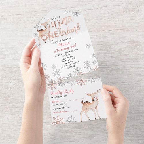 Deer Winter Snowflakes ONEderland 1st Birthday All In One Invitation