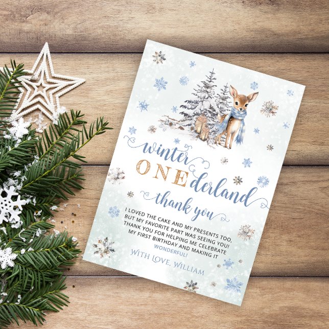 Deer Winter Snowflakes Onederland Birthday Thank You Card (Creator Uploaded)