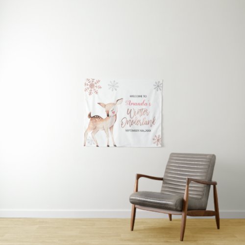 Deer Winter Snowflakes ONEderland Welcome Sign Tapestry
