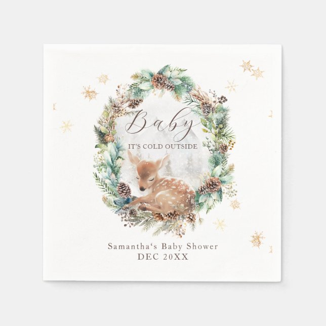 Deer Winter Woodland Cold Outside Baby Shower Napkins (Front)