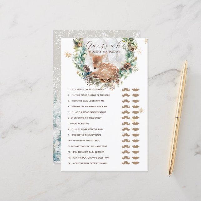 Deer Winter Woodland Mom or Dad Baby Shower Game (Front/Back In Situ)