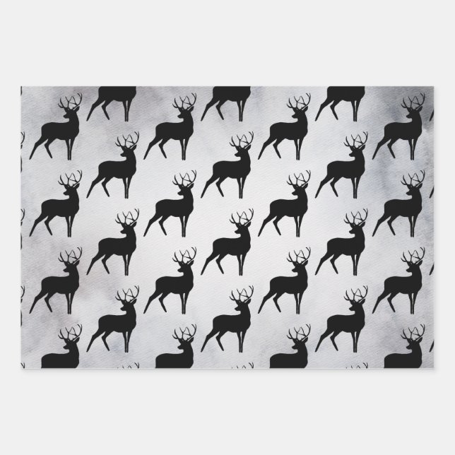 Deer with Antlers Black Silhouette Pattern Wrapping Paper Sheets (Front)