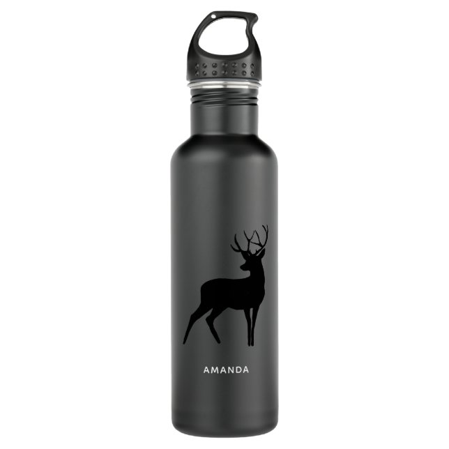 Deer with Antlers Black Silhouette Stainless Steel Water Bottle (Front)