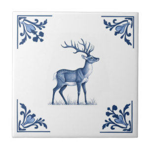 Deer with antlers Delft Blue and White Corners Ceramic Tile