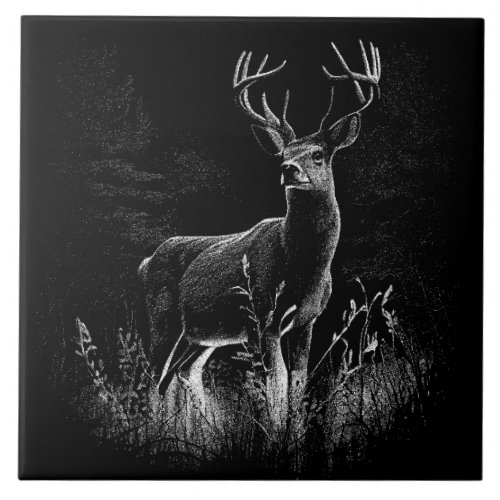 Deer with antlers framed by field and tree    ceramic tile