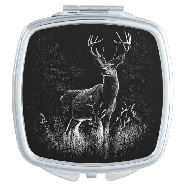 Deer with antlers framed by field and tree      compact mirror (Front)