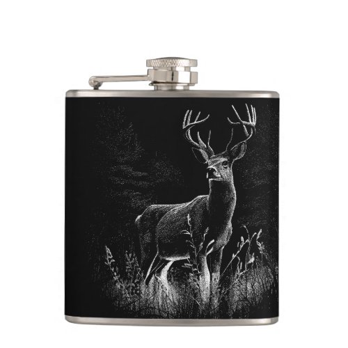 Deer with antlers framed by field and tree    flask