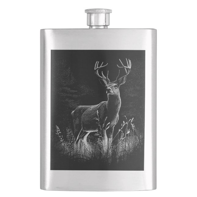 Deer with antlers framed by field and tree     flask (Front)