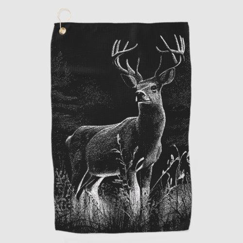 Deer with antlers framed by field and tree   golf towel