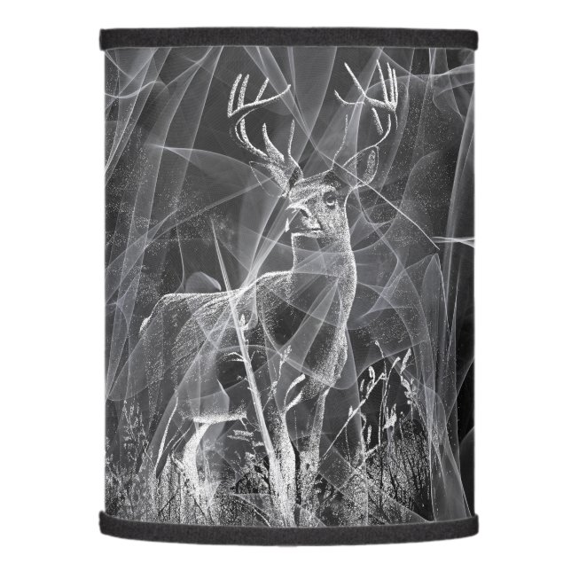 Deer with antlers framed by field and tree      lamp shade (Left)